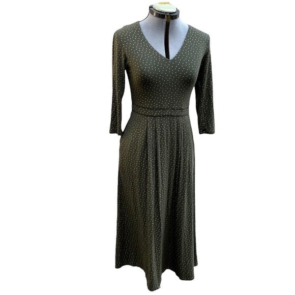 Boden Dress Green Gold Polka Dot Viscose Jersey Knit V Neck Pleated Midi Size 4 - Picture 2 of 9